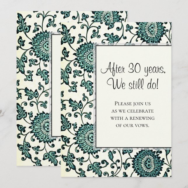 Antique Teal Floral Pattern Vow Renewal Invitation (Front/Back)