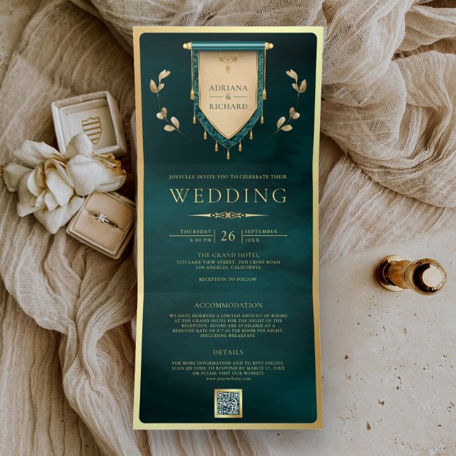 Antique Teal Gold Scroll Mediaeval Wedding Tri-Fold Invitation (Creator Uploaded)