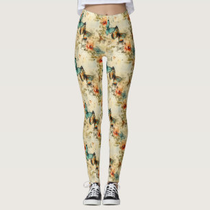 Antique Teal Orange Butterfly Floral Leggings