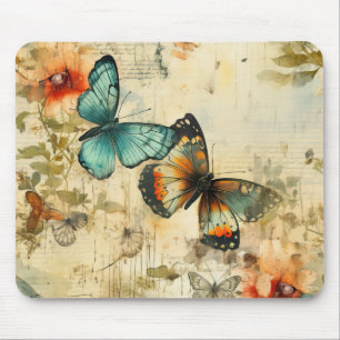 Antique Teal Orange Butterfly Floral Mouse Mat