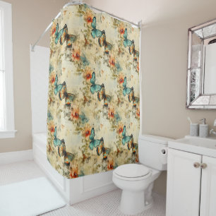 Antique Teal Orange Butterfly Floral Shower Curtain