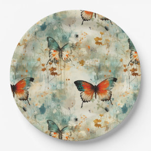 Antique Teal Orange Butterfly White Blossom Paper Plate