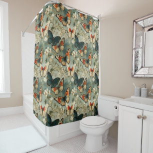 Antique Teal Orange Butterfly White Blossom Shower Curtain