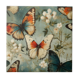 Antique Teal Orange Butterfly White Blossom Tile