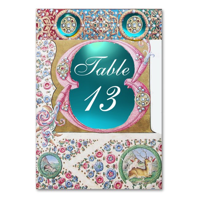 ANTIQUE TEAL PINK FLORAL, BLUE GEMSTONES,PEARLS TABLE NUMBER (Front)