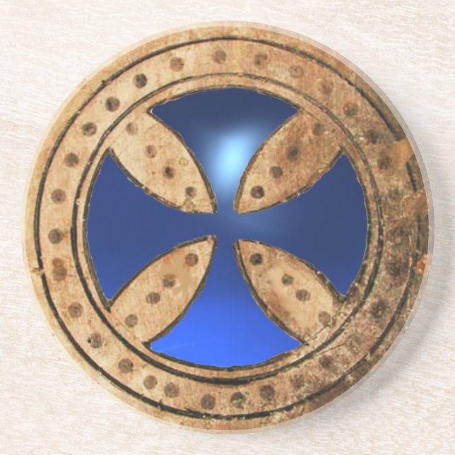 ANTIQUE TEMPLAR CROSS Blue Sapphire Gem Coaster (Front)