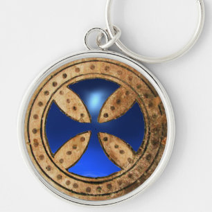 ANTIQUE TEMPLAR CROSS Blue Sapphire Gem Key Ring