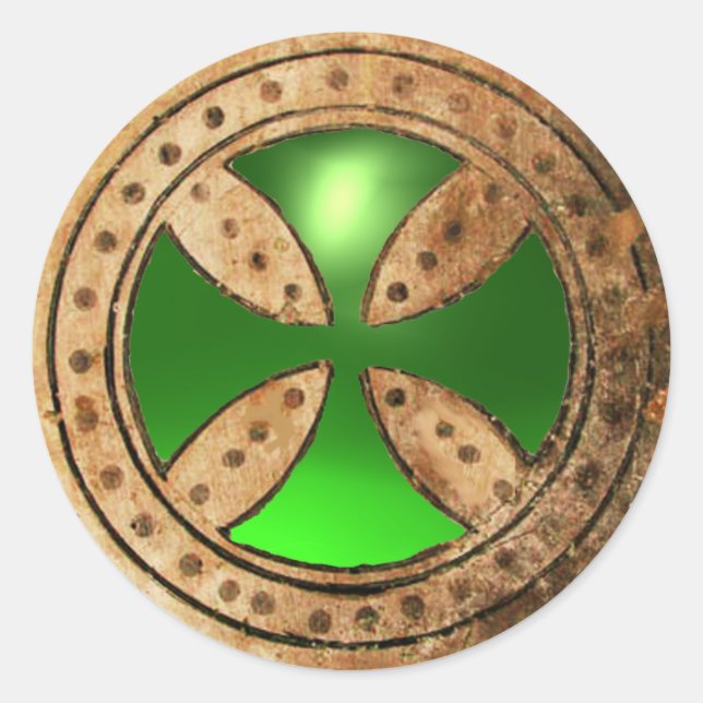 ANTIQUE TEMPLAR CROSS Green Emerald Gem Classic Round Sticker (Front)