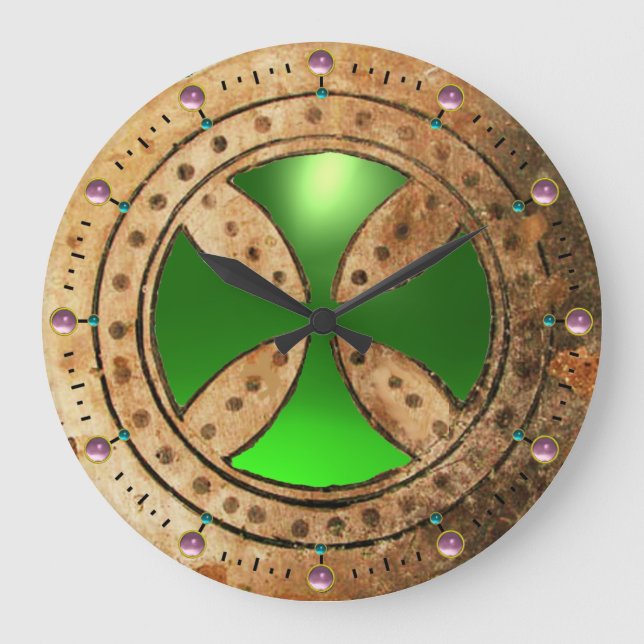 ANTIQUE TEMPLAR CROSS Green Emerald Gem Large Clock (Front)