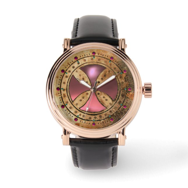ANTIQUE TEMPLAR CROSS Light Pink Gem Watch (Front)