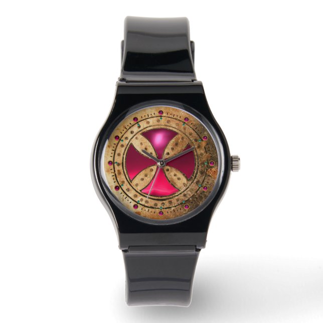 ANTIQUE TEMPLAR CROSS Pink Fuchsia Gem Watch (Front)