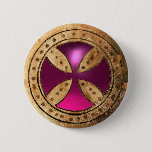 ANTIQUE TEMPLAR CROSS Pink Purple Amethyst Gem 6 Cm Round Badge