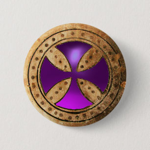 ANTIQUE TEMPLAR CROSS Purple Amethyst Gem 6 Cm Round Badge