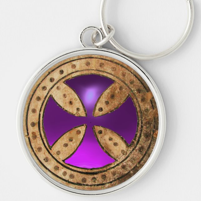 ANTIQUE TEMPLAR CROSS Purple Amethyst Gem Key Ring (Front)