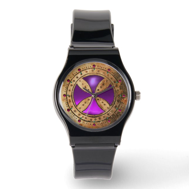 ANTIQUE TEMPLAR CROSS Purple Amethyst Gem Watch (Front)
