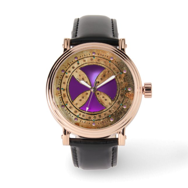 ANTIQUE TEMPLAR CROSS Purple Amethyst Gem Watch (Front)