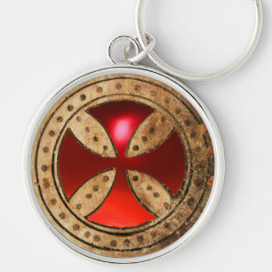 ANTIQUE TEMPLAR CROSS Red Ruby Gem Key Ring