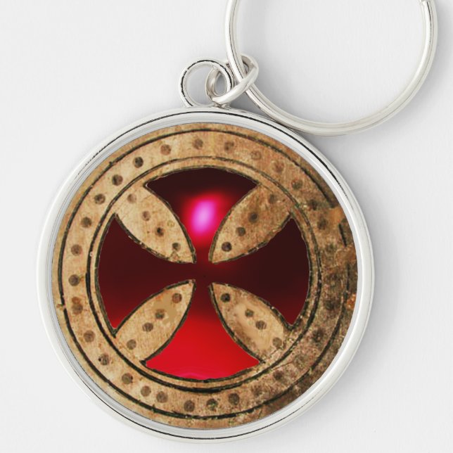 ANTIQUE TEMPLAR CROSS Red Ruby Gem Key Ring (Front)