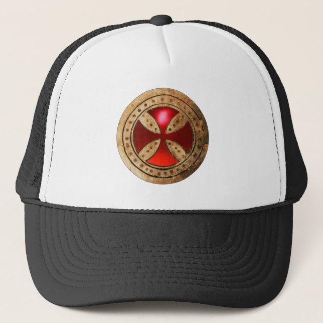 ANTIQUE TEMPLAR CROSS Red Ruby Gem Trucker Hat (Front)