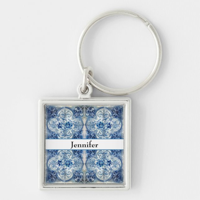 Antique Tiles in Delft Blue customisable Key Ring (Front)