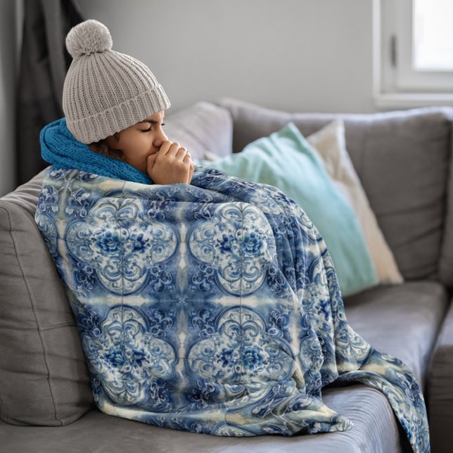 Antique Tiles in Delft Blue  Fleece Blanket (Creator Uploaded)