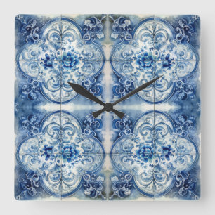 Antique Tiles in Delft Blue Square Wall Clock