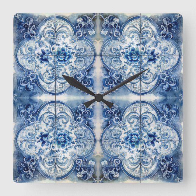 Antique Tiles in Delft Blue  Square Wall Clock (Front)