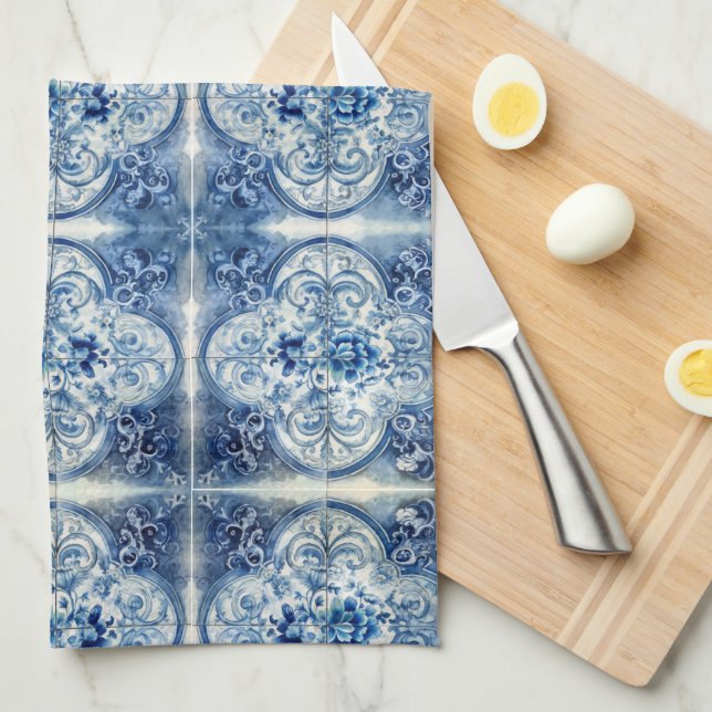 Antique Tiles in Delft Blue  Tea Towel (Quarter Fold)