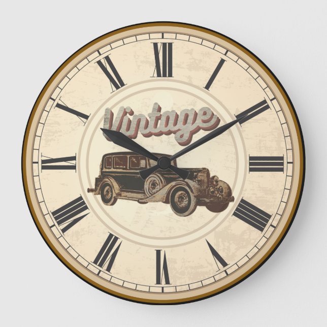ANTIQUE TIME ROMAN NUMERALS VINTAGE CAR LARGE CLOCK (Front)