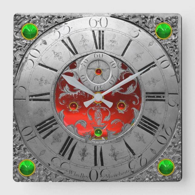 Antique Time,Shamrocks,Ruby Gemstones Silver Square Wall Clock (Front)