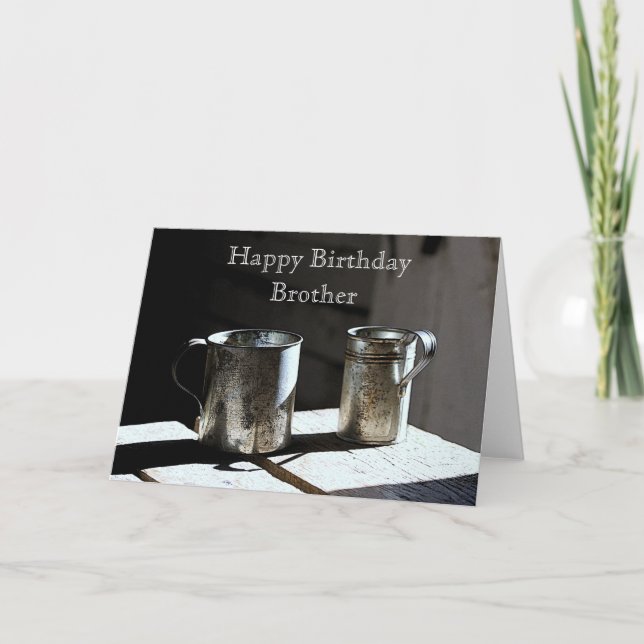 Antique Tin Cups Brother Happy Birthday Card (Front)