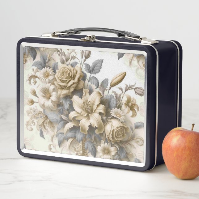 Antique Tinge Yellow Floral Perfection Metal Lunch Box (In Situ)