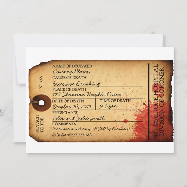 Antique Toe Tag Invitation - Morgue - Halloween (Front)