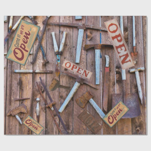Antique Tools Vintage Signs Rustic Barn Board Wrapping Paper