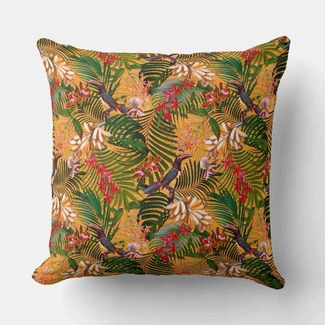 Antique Toucan Jungle Bird Pattern yellow Cushion (Front)