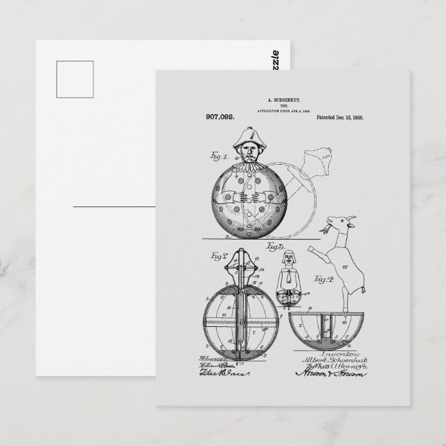 Antique Toy 1908 Roly Poly Patent Drawing Postcard (Front/Back)