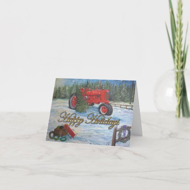 Antique Tractor Happy Holidays at a Tree Farm Card (Front)
