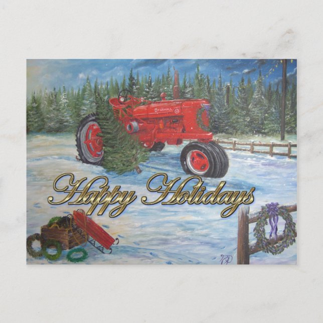 Antique Tractor Happy Holidays at a Tree Farm Holiday Postcard (Front)