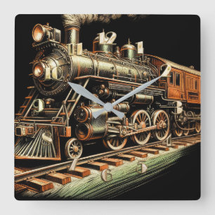Antique Train Engine Railfan Square Wall Clock