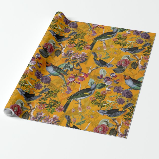 Antique tropical flower and bird jungle on yellow wrapping paper (Unrolled)