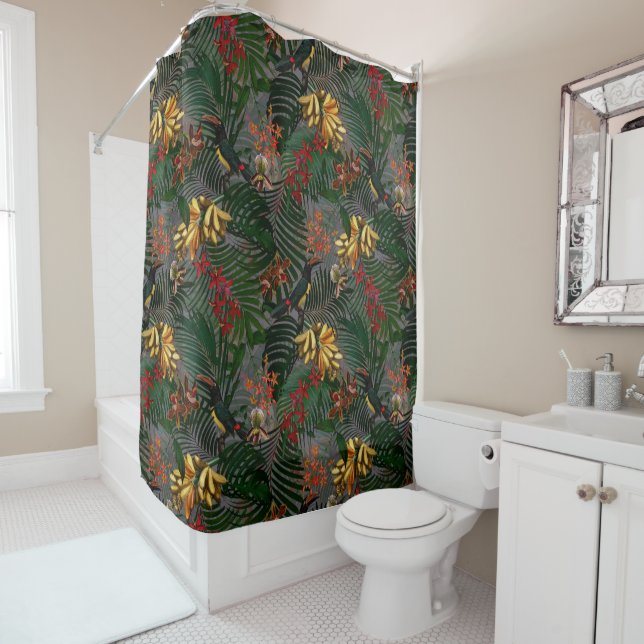 Antique tropical flower and bird jungle pattern shower curtain (In Situ)