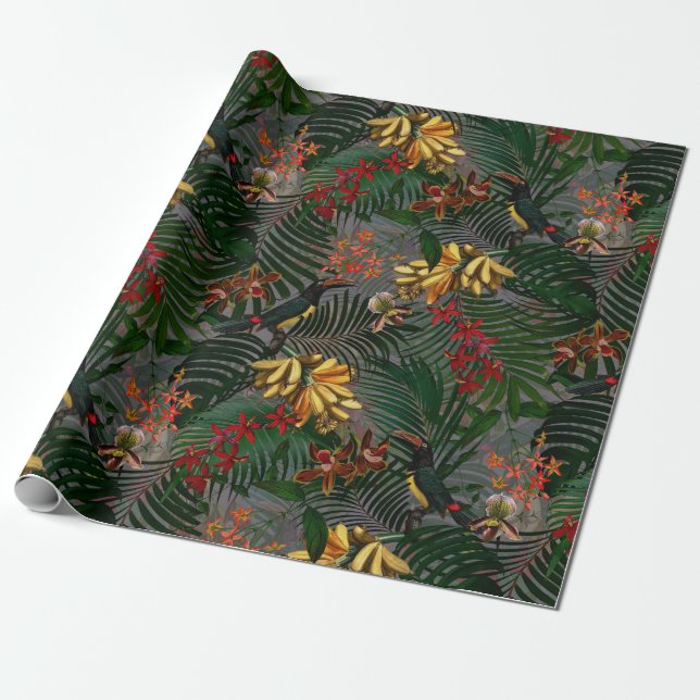 Antique tropical flower and bird jungle pattern wrapping paper (Unrolled)