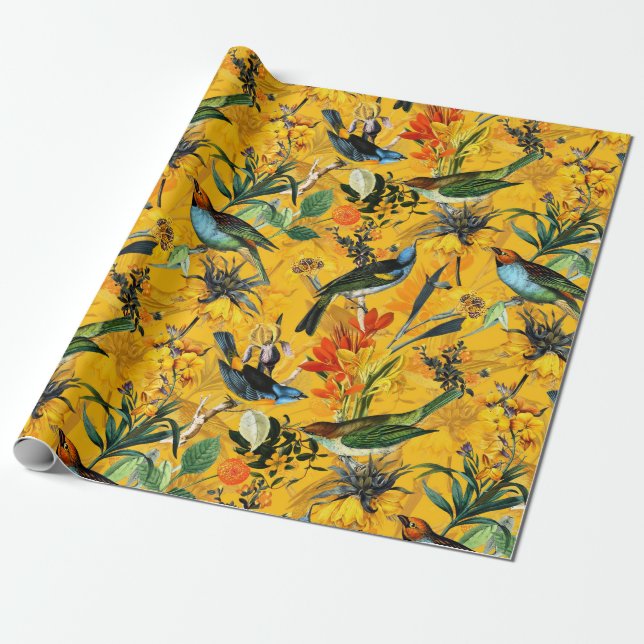 Antique tropical flower and birds jungle pattern wrapping paper (Unrolled)