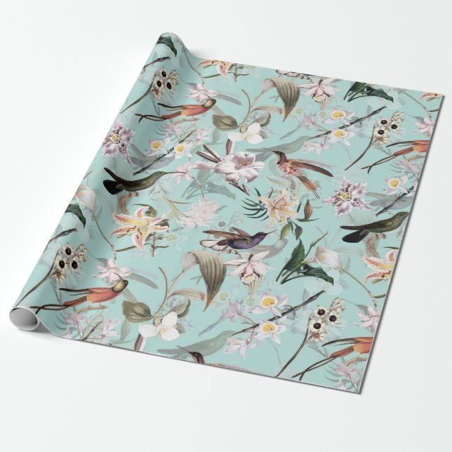 Antique Tropical Hummingbird Jungle Pattern Teal Wrapping Paper (Unrolled)