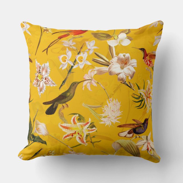 Antique Tropical Hummingbird Jungle Pattern Yellow Cushion (Front)