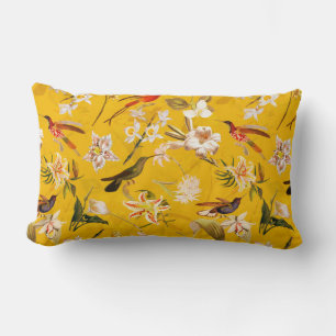 Antique Tropical Hummingbird Jungle Pattern Yellow Lumbar Cushion