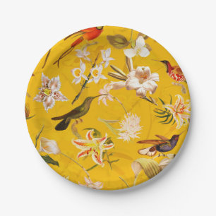 Antique Tropical Hummingbird Jungle Pattern Yellow Paper Plate