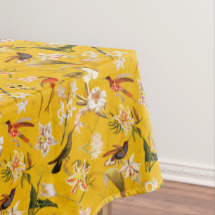 Antique Tropical Hummingbird Jungle Pattern Yellow Tablecloth