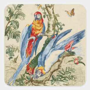 Antique Tropical Parrot and Butterfly Fine Art Square Sticker