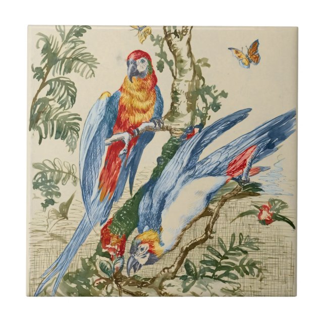 Antique Tropical Parrot and Butterfly Fine Art Tile (Front)